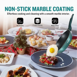 Set oale si tigai Herzberg HG-METBL15, 15 piese, Aluminiu 3003, Acoperire marmura, Capace din sticla, Inductie, Verde albastru