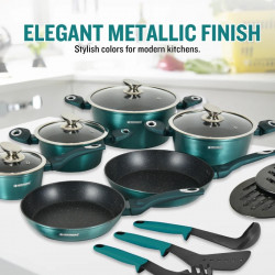 Herzberg HG-METBL15 Cookware Set, 15 pieces, Marble finish, Glass lids, Induction-compatible, Mint green