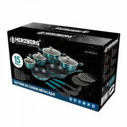Herzberg HG-METBL15 Cookware Set, 15 pieces, Marble finish, Glass lids, Induction-compatible, Mint green