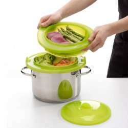 Vas pentru gatit la aburi Lekue 1010195, 2 nivelе, Compatibil cu oale Ø19-22 cm, Fixare stransa, -60/+220 °C, Silicon, Verde