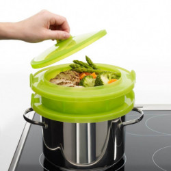 Lekue 1010195 Microwave Steamer, 2 tiers, Compatible with pots Ø19–22 cm, Snug fit, -60/+220°C, Silicone, Green