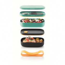 Set of 2 Lekue On The Go 1010220 Food Containers, 500 ml, Airtight Seal, Cutlery Compartment, Microwave Vent, Turquoise