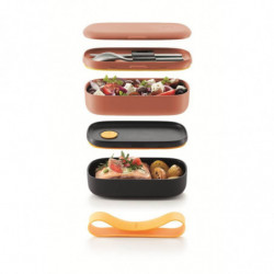 Set of 2 Lekue On The Go Food Containers 1010221, 500 ml, Airtight Seal, Cutlery Compartment, Microwave Vent, Coral