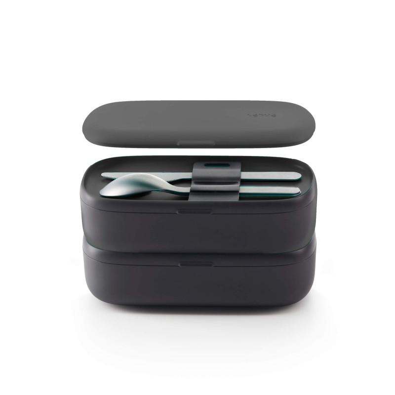 Lekue On The Go 1010222 2-Piece Food Container Set, 2x500 ml, Cutlery Included, Polypropylene, -20°C/+100°C, Black