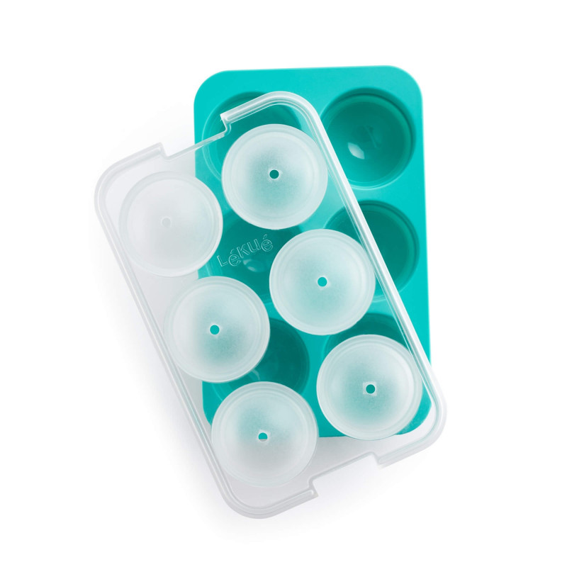 Lekue 1010246 Ice Cube Tray with Lid, 20.5 x 13 x 5.5 cm, 6 spheres, Platinum Silicone, -20°C / +80°C, Light Blue