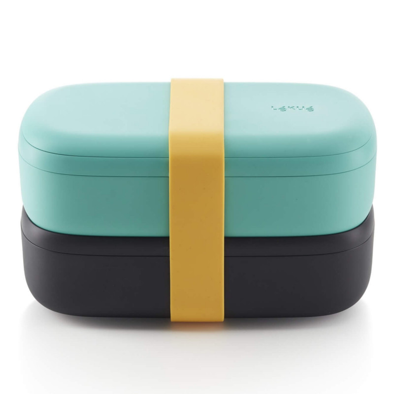 Set of 2 Lekue On The Go 1010220 Food Containers, 500 ml, Airtight Seal, Cutlery Compartment, Microwave Vent, Turquoise