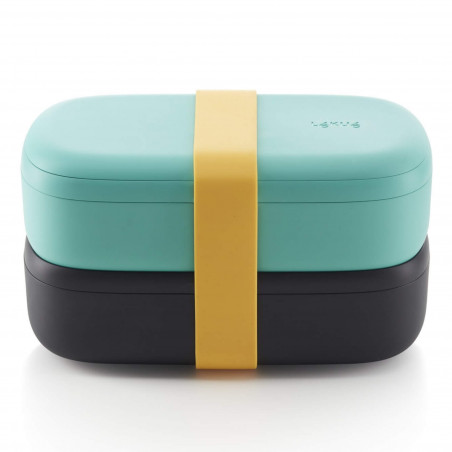 Set of 2 Lekue On The Go 1010220 Food Containers, 500 ml, Airtight Seal, Cutlery Compartment, Microwave Vent, Turquoise