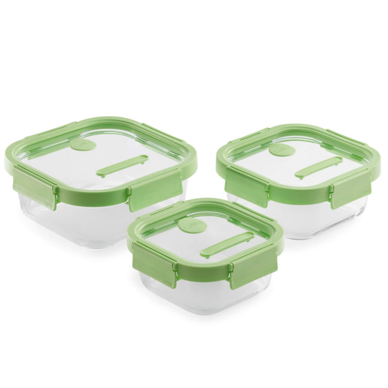 Lekue 1009493 3-Piece Food Storage Container Set, 0.5/0.8/1.1 L, Four-Way Sealing, Microwave-Safe Lid, -20/+100°C, Glass, Green