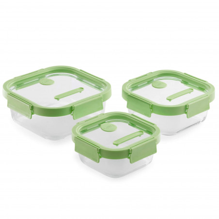Lekue 1009493 3-Piece Food Storage Container Set, 0.5/0.8/1.1 L, Four-Way Sealing, Microwave-Safe Lid, -20/+100°C, Glass, Green