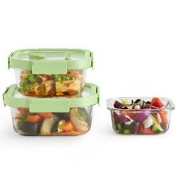 Lekue 1009493 3-Piece Food Storage Container Set, 0.5/0.8/1.1 L, Four-Way Sealing, Microwave-Safe Lid, -20/+100°C, Glass, Green