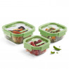 Set 3 caserole sticla depozitare alimente Lekue 1009493, 0,5/0,8/1,1 l, Capac, Supapa pentru cuptor cu microunde, -20/+100°C, Verde