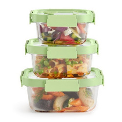 Lekue 1009493 3-Piece Food Storage Container Set, 0.5/0.8/1.1 L, Four-Way Sealing, Microwave-Safe Lid, -20/+100°C, Glass, Green