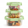 Lekue 1009493 3-Piece Food Storage Container Set, 0.5/0.8/1.1 L, Four-Way Sealing, Microwave-Safe Lid, -20/+100°C, Glass, Green