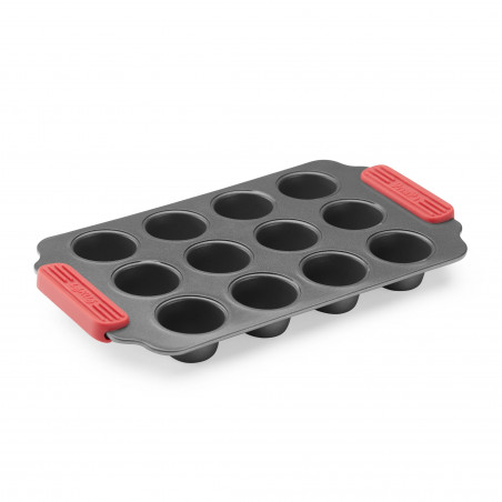 Lekue 1009479 Muffin Pan, 12-cup, 31x18x3.7 cm, Ceramic Non-Stick Coating, Carbon Steel, -4°C to +240°C, Black/Red