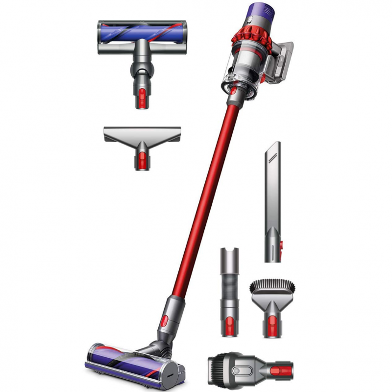 Aspirator vertical Dyson Cyclone V10 Absolute 244393-01, 150AW, 125000 rpm, 0.77l, 60 min, 3 moduri, 2 Tier Cyclone™, HEPA, Silențios, Golire igienică, Fără încurcare, Nichel/roșu