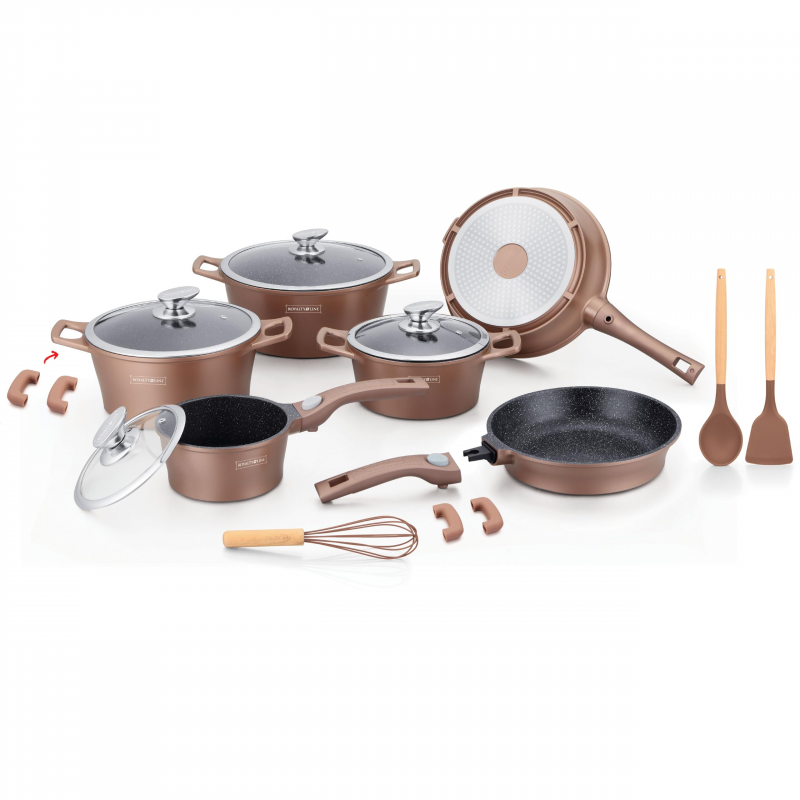 Set oale si tigai Royalty Line RL-ES2014M, 17 piese, Acoperire marmura, Inductie, Cupru