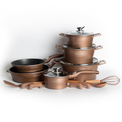 Set oale si tigai Royalty Line RL-ES2014M, 17 piese, Acoperire marmura, Inductie, Cupru