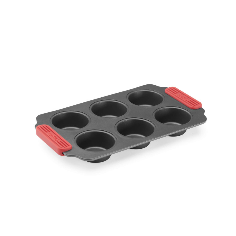 Lekue Muffin Pan 1009478, 6-cup, 31x18x3.7 cm, Ceramic Non-Stick Coating, Carbon Steel, -4°C to +240°C, Black/Red