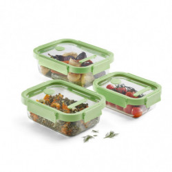 Set of 3 Lekue 1009492 Storage Containers, Glass Lids, Labeling Pen, Silicone, -20°C / +100°C, Green