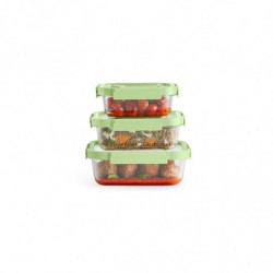 Set of 3 Lekue 1009492 Storage Containers, Glass Lids, Labeling Pen, Silicone, -20°C / +100°C, Green