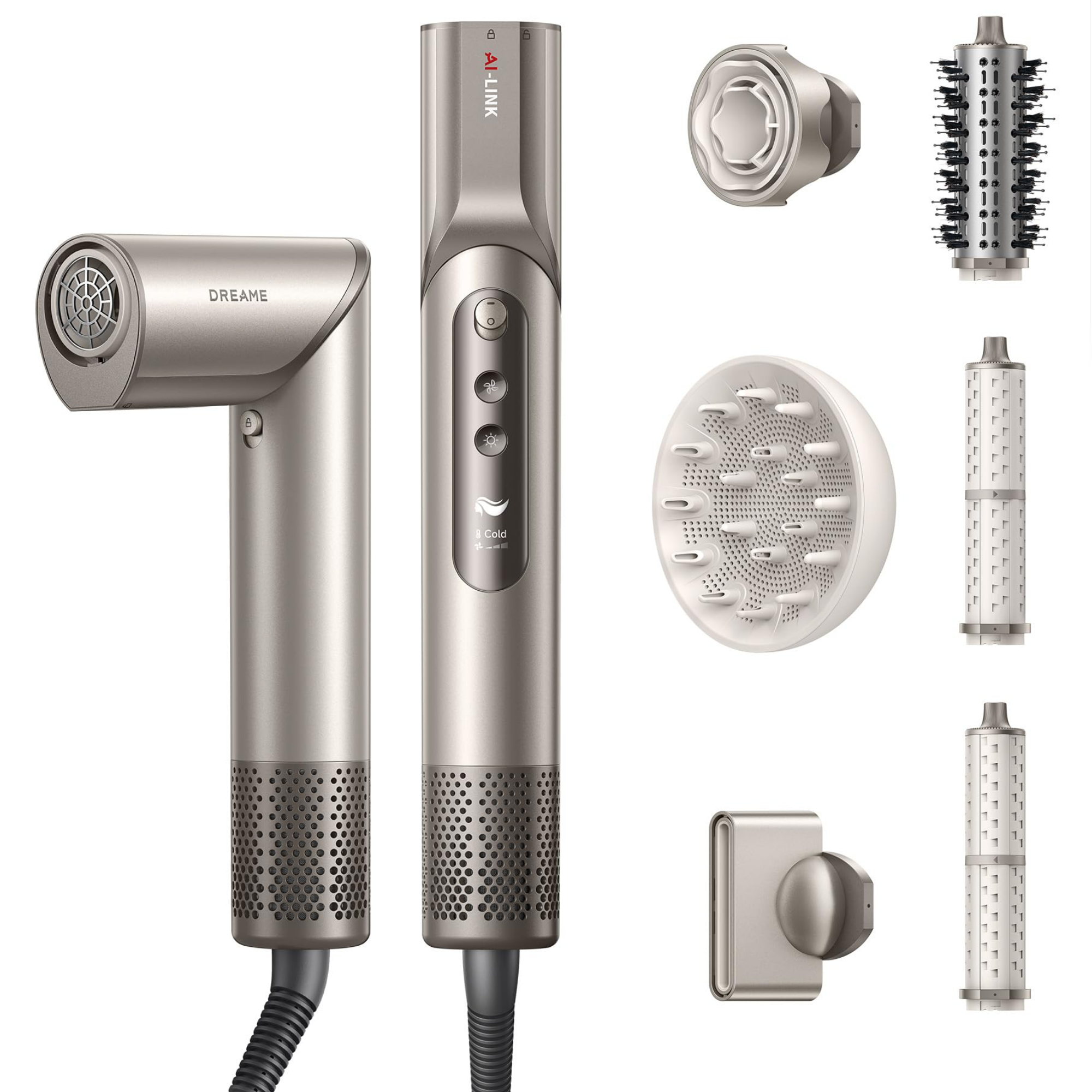 Uscator de par si stilizator Dreame Dazzle AZD20A, 1400 W, 65 m/s, 3 viteze si temperaturi, Ionizare, Afisaj, Titan auriu