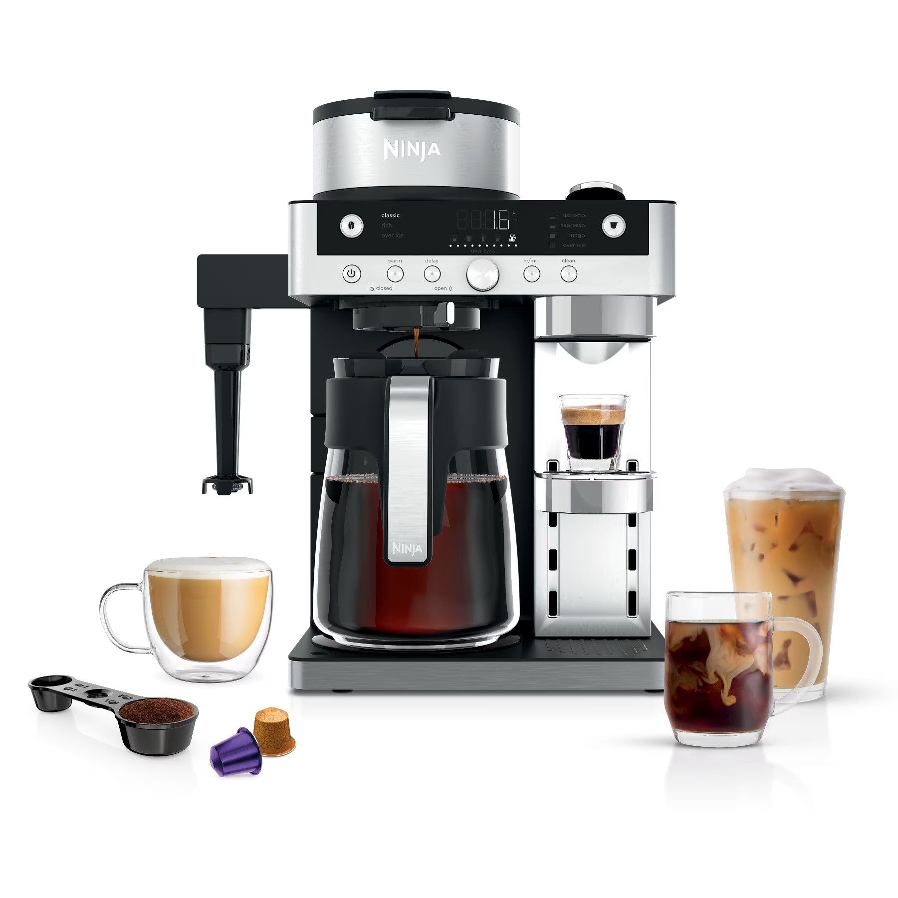 Еспресо машина Ninja Prestige CFN802EU, 1650W, 19 bar, 1.8 л, 10 размера, 3 режима, DualBrew, Nespresso, Инокс