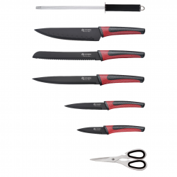 Edenberg EB-952 5-Piece Knife Set, Carbon Steel, Scissors + Sharpener, Acrylic Stand, Black/Red