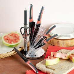 Edenberg EB-952 5-Piece Knife Set, Carbon Steel, Scissors + Sharpener, Acrylic Stand, Black/Red