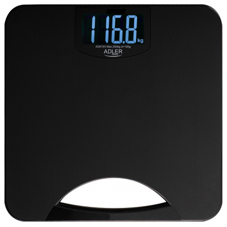 Adler AD 8193 mérleg, 250 kg-ig, LCD, akkumulátor és túlterhelés jelző, csúszásmentes, fekete