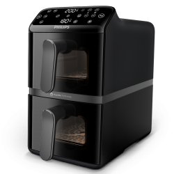 Двоен вертикален фритюрник с горещ въздух Philips Dual Stack 4000 NA460/00, 2750W, 10 л, 13 програми, 40-220°C, Синхронизация, Керамично покритие без PFAS, Прозорец, Черен