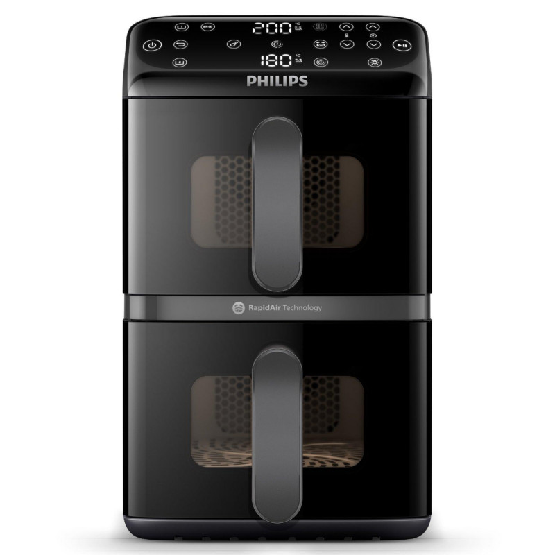 Friteuza verticala dubla cu aer cald Philips Dual Stack 4000 NA460/00, 2750 W, 10 l, 13 programe, 40-220°C, Sincronizare, Acoperire ceramică fara PFAS, Fereastra, Negru