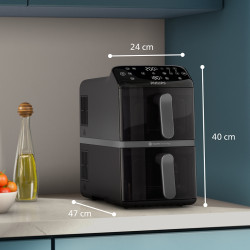 Philips Dual Stack 4000 NA460/00 Double Vertical Hot Air Fryer, 2750W, 10 L, 13 Programs, 40–220°C, Synchronization, PFAS-Free Ceramic Coating, Viewing Window, Black