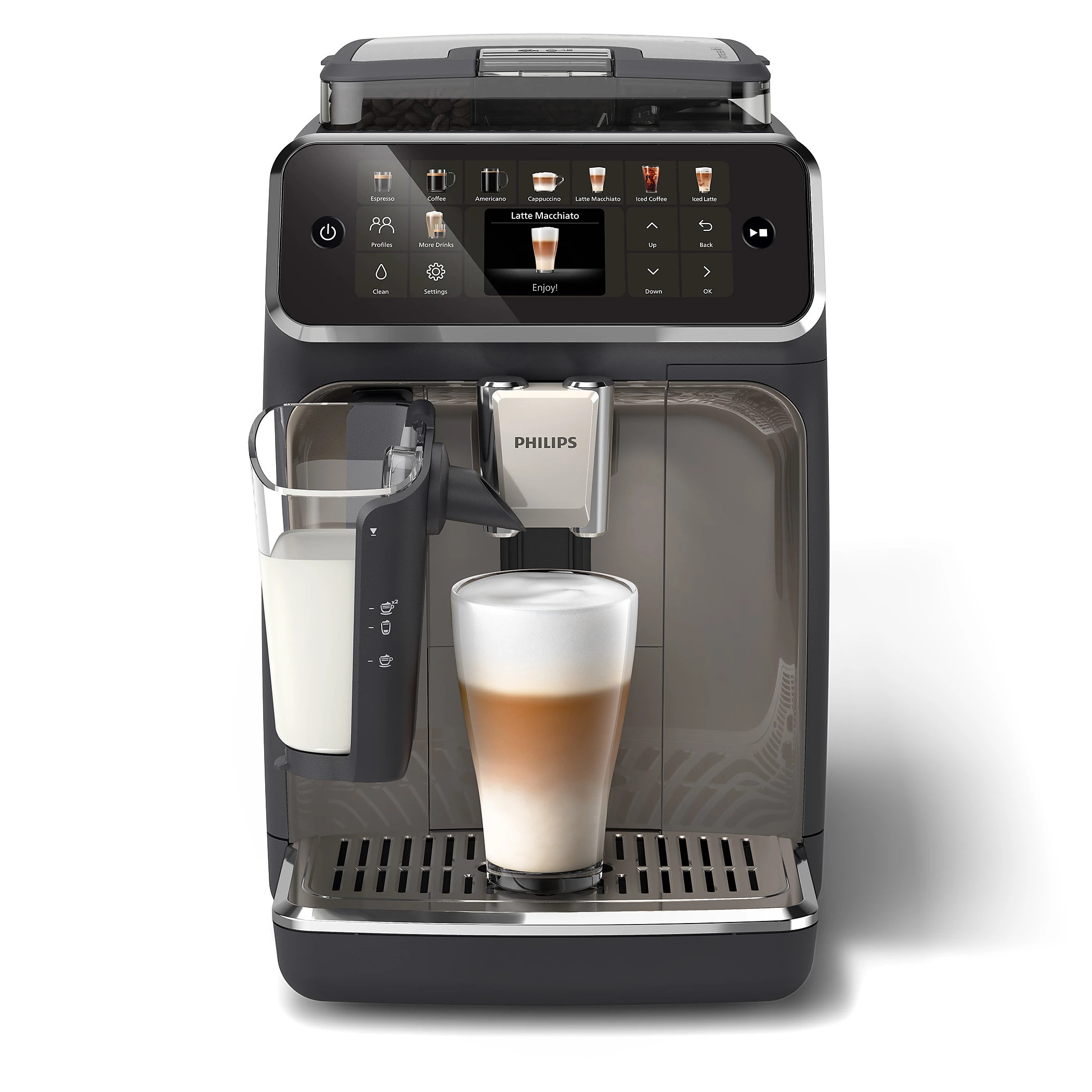 Кафеавтомат Philips EP5549/70 LatteGo, 1500W, 15 bar, 1.8 л, 20 напитки, Керамична мелачка с 12 нива, TFT, AquaClean, SilentBrew, AromaExtract, ExtraShot, Черен/Бежов