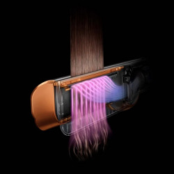 Πρέσα μαλλιών Dyson HT01 Airstrait Amsi/Pkcp 143343-01, 1600W, Max 140C, Ιονισμός, 6 επίπεδα θερμοκρασίας, Προστασία των μαλλιών, Επίστρωση χαλκού, Οθόνη LCD, Κεχριμπάρι/ροζ σαμπάνια
