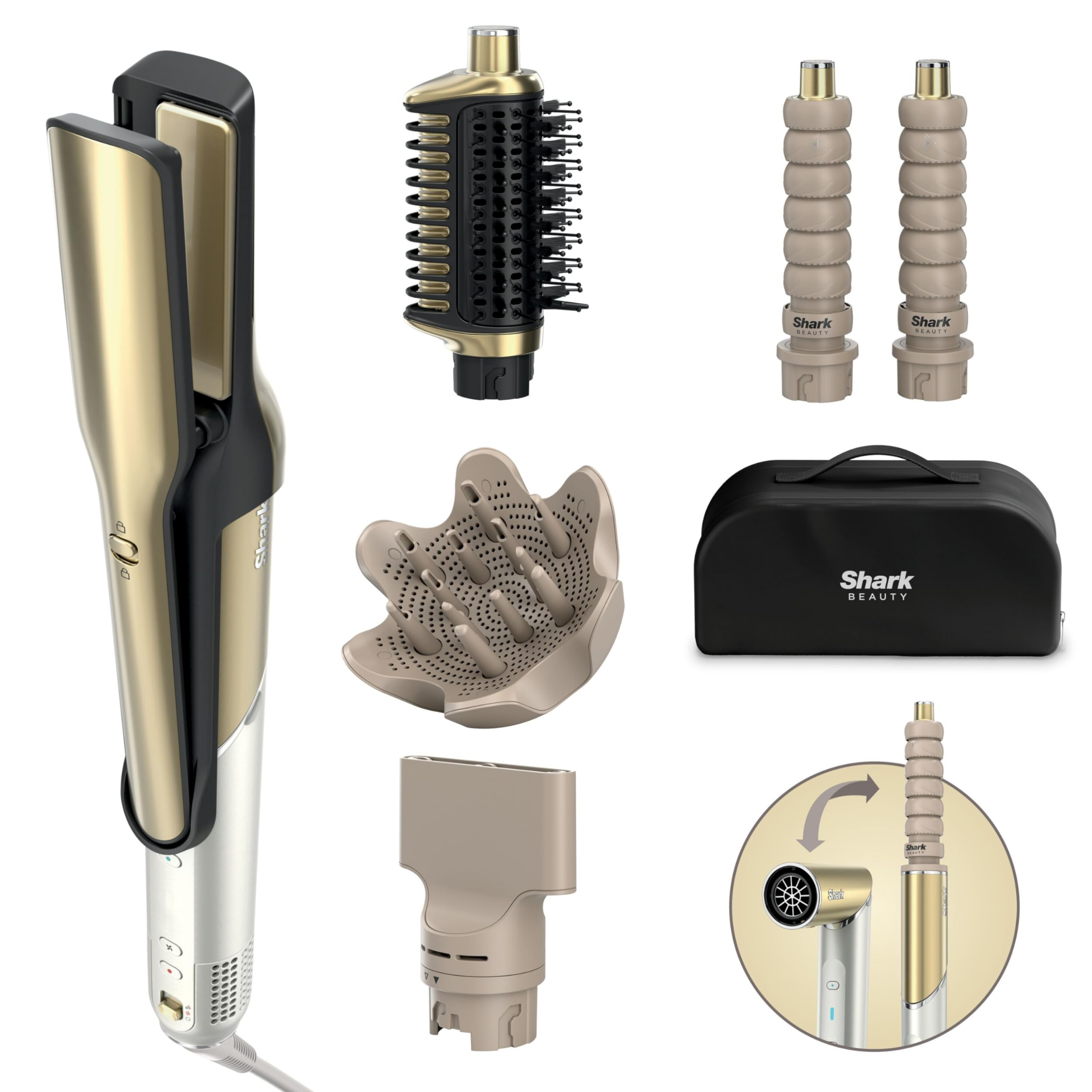 Маша за коса и сешоар 5в1 Shark Glam Multistyler HD6052SEU, 1500W, 3 скорости, 6 темп, 100-220°C, Керамични елементи, Йонизация, Автоматично навиване Coanda, Gloss Lock ...