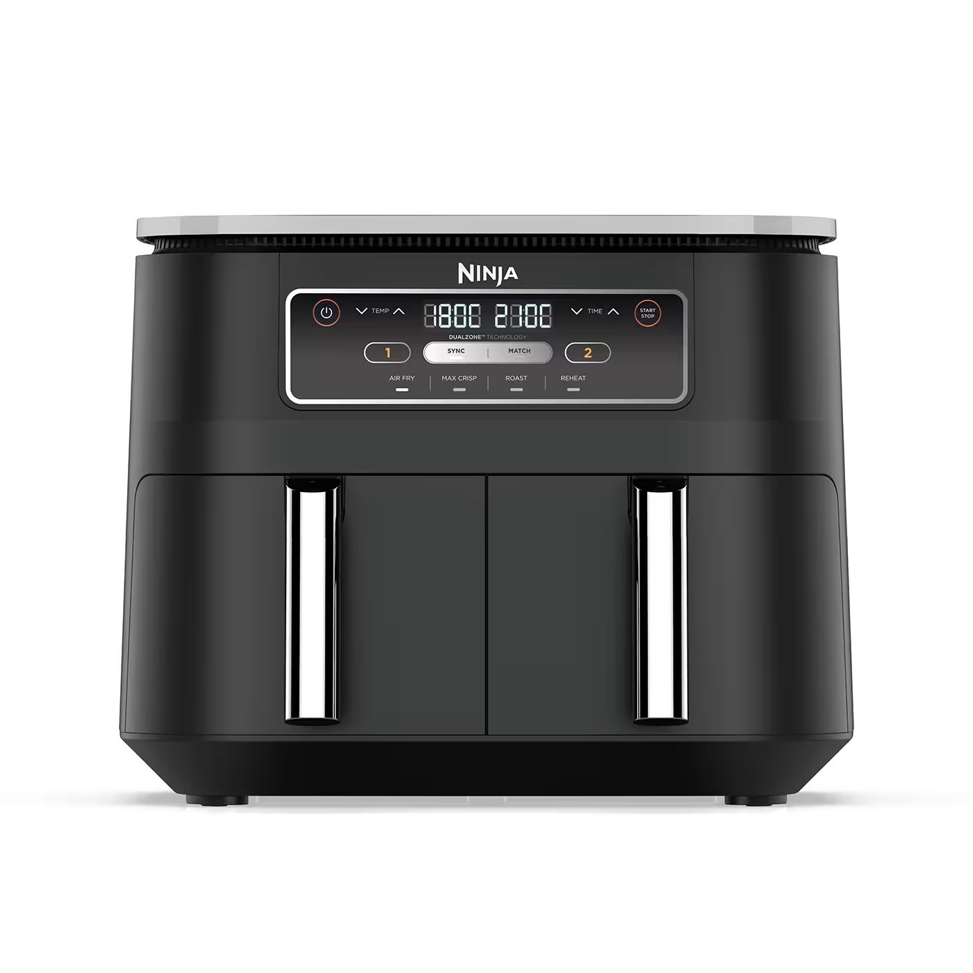 Двоен фритюрник с горещ въздух Ninja Foodi Dual Zone AF200EU, 2400W, Независими зони за готвене, 7.6 л, 4 програми, 100-240°C, Max Crisp, Sync, Черен