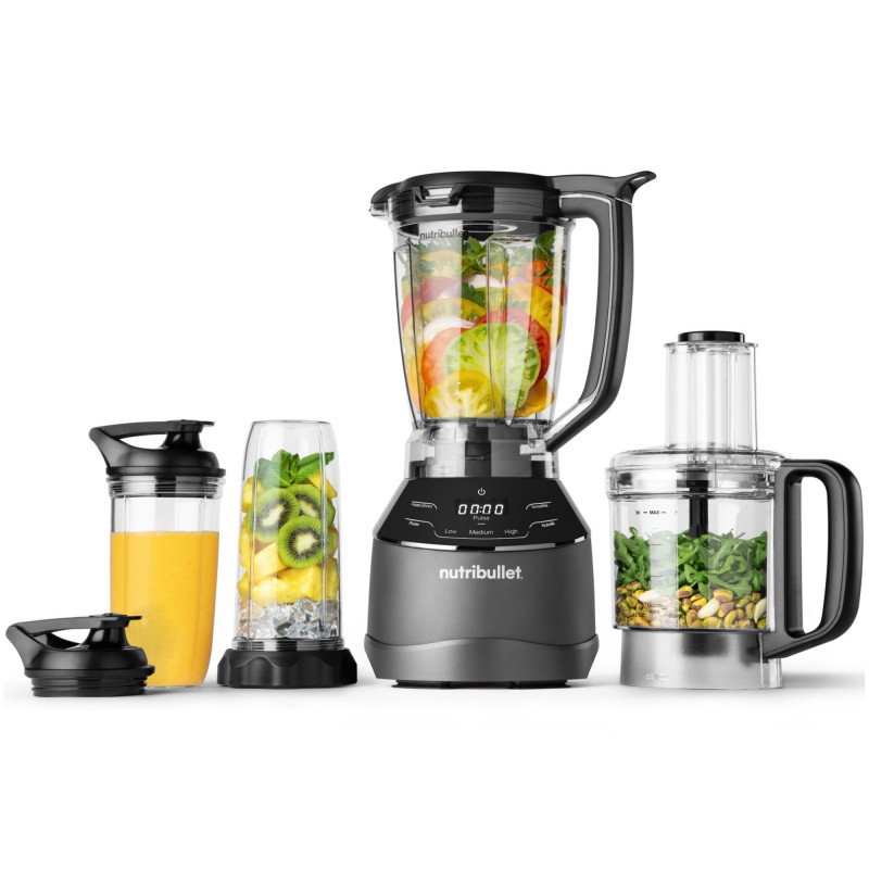 Блендер 3в1 Nutribullet Triple Prep System NBF580B, 1500W, 1.8 л, 8 програми, 3 скорости, 8 програми, Разпознаване на приставки, Тъч управление, Черен/сив