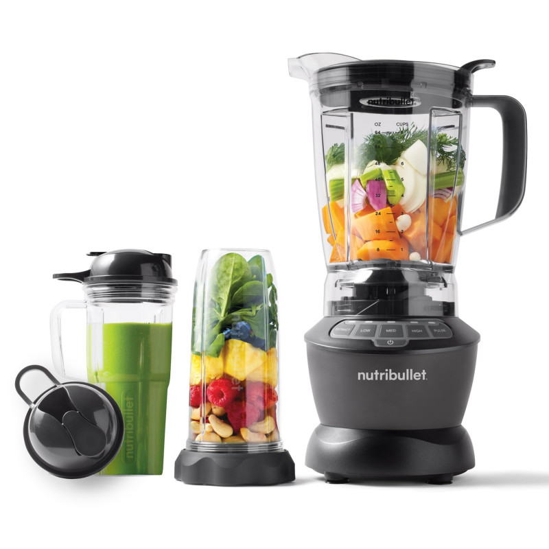 Μπλέντερ Nutribullet Combo NBF500DG, 1200 W, 1,8 λίτρα, 3 ταχύτητες + λειτουργία παλμού, Αντιολισθητική βάση, Λεπίδες από ανοξείδωτο ατσάλι, Αποσπώμενα εξαρτήματα, Μαύρο/γκρι