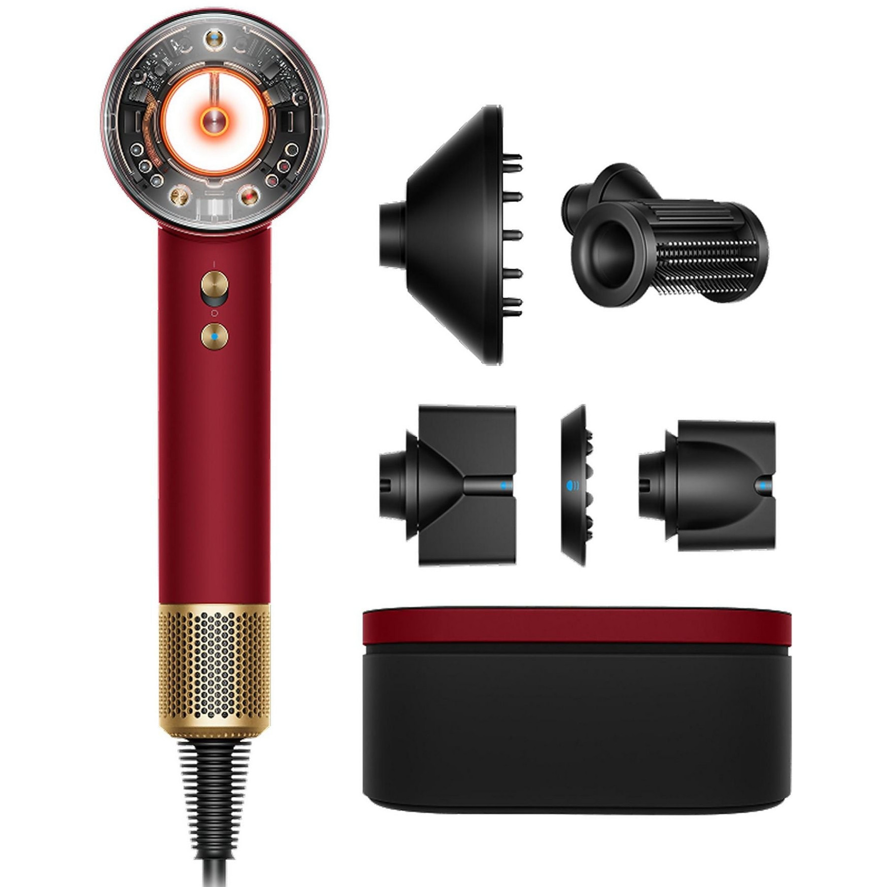 Сешоар Dyson Supersonic Nural HD16 RdVe/Gd Straight+Wavy 493117-01, 1600W, 3 скорости, 4 температури, Отрицателни йони, 5 приставки, Предпазващ скалпа, Червено ...