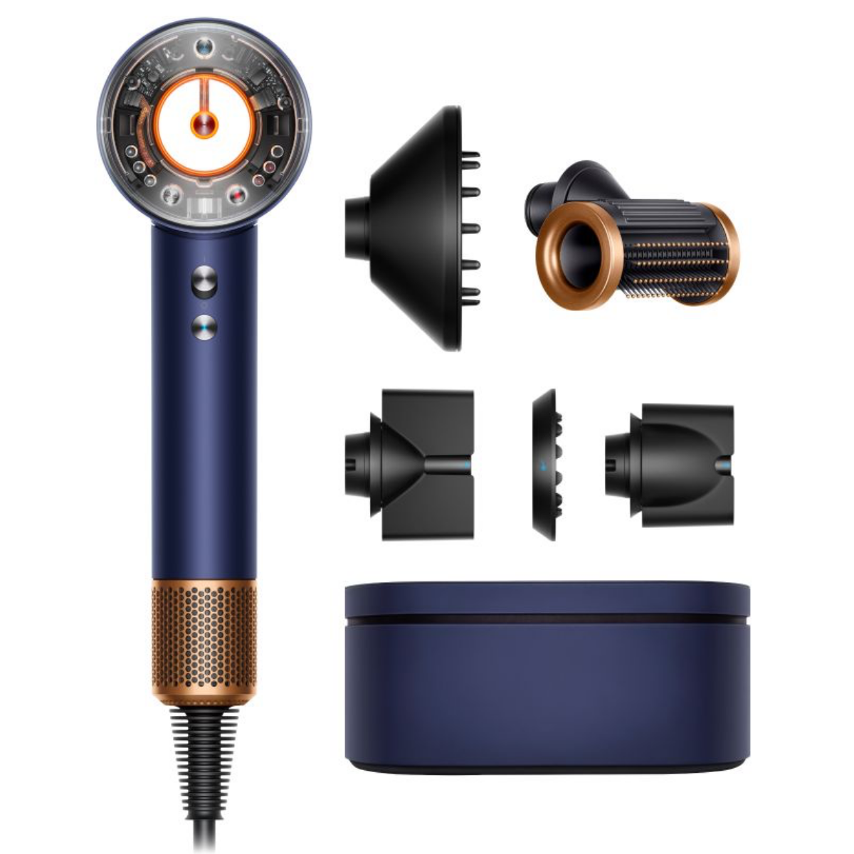 Сешоар Dyson Supersonic Nural HD16 Prussian Blue/Rich Copper Straight+Wavy 122612-01, 1600W, 3 скорости, 4 температури, Отрицателни йони, 5 приставки, Предпазващ скалпа, Пруско ...