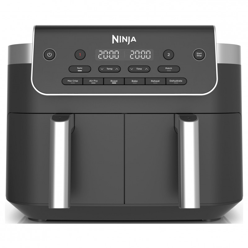 Ninja Foodi Dual Zone DZ801EU Dual-Zone Air Fryer, 2470W, Independent Cooking Zones, 7.6 L, 6 Programs, 40–240°C, Max Crisp, Sync, Gray/Stainless Steel