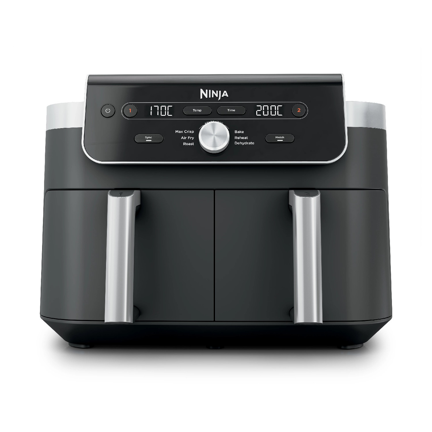 Двоен фритюрник с горещ въздух Ninja Foodi Dual Zone DZ901EU, 2470W, Независими зони за готвене, 9.5 л, 6 програми, 40-240C, Max Crisp, Sync, Сив/Инокс