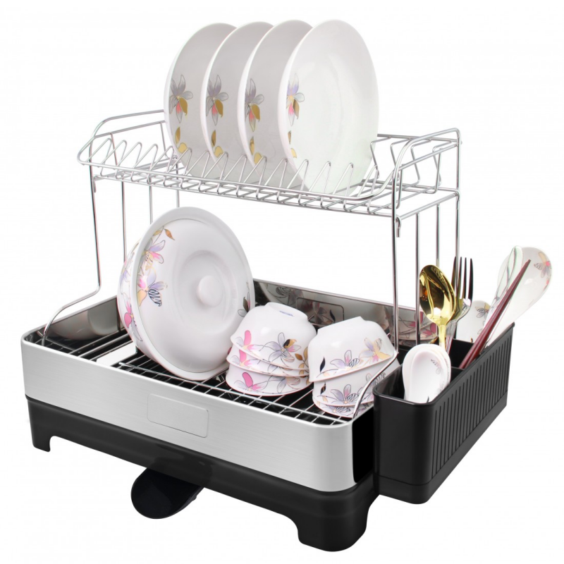 HausRoland HR305-1 Dish Dryer, 53 x 34.5 x 38.5 cm, 2 tiers, Chrome/Black