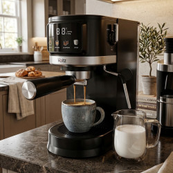 Espressor Oliver Voltz OV51171O, 1575 W, 20 bar, Disc Crema, Afisaj LED, Spumare lapte, Negru