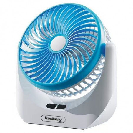Ventilator de birou Rosberg R51760S, 5 W, 16 cm, Autonomie 180 min, 3 viteze, Iluminare, Alb/Albastru
