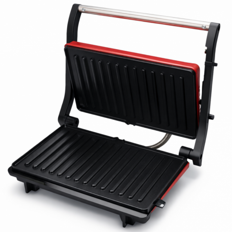 Aparat de prăjit sandvișuri Panini Oliver Voltz OV51442R, 1000 W, plăci antiaderente, deschidere la 180°, tavă pentru grăsime, roșu