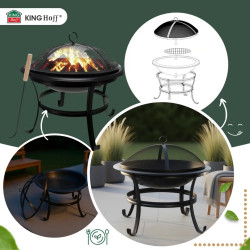 Kinghoff KH 2030 Garden Fire Pit, Steel, Spark Guard, Suitable for Cooking, Black