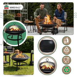 Kinghoff KH 2030 Garden Fire Pit, Steel, Spark Guard, Suitable for Cooking, Black