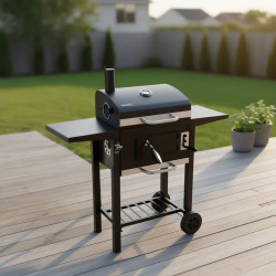Gratar pe carbuni Klausberg KB 9034, Cos de fum, Ventilatie reglabila, Sertar pentru cenusa, Termometru, Roti, Otel, Negru