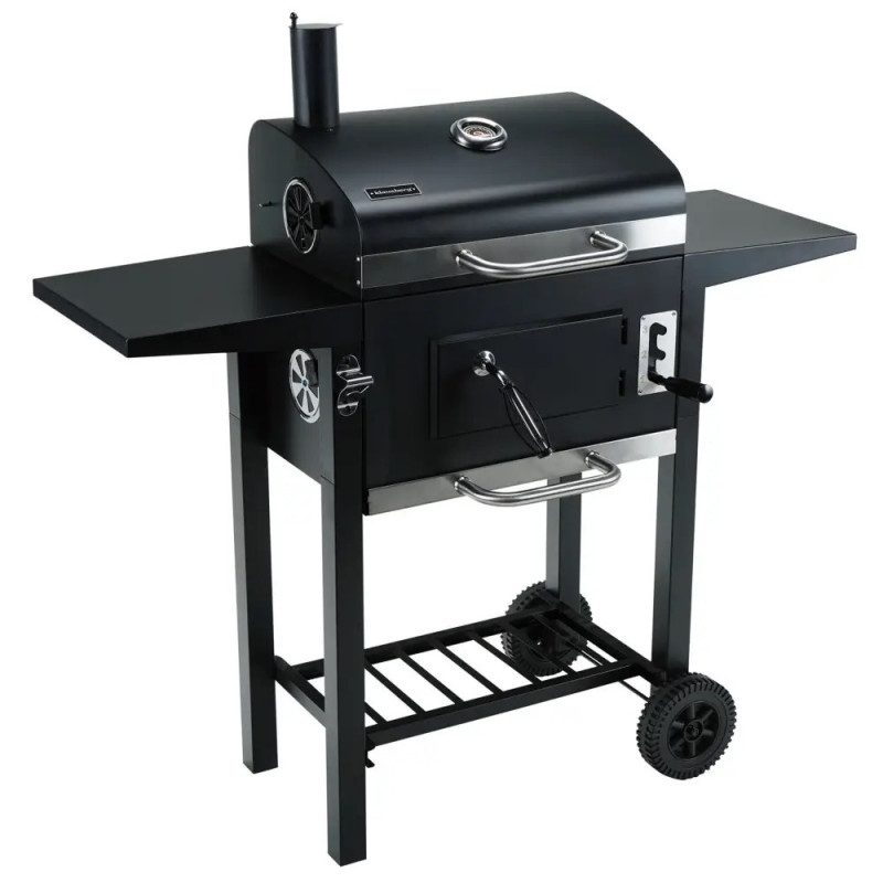 Gratar pe carbuni Klausberg KB 9034, Cos de fum, Ventilatie reglabila, Sertar pentru cenusa, Termometru, Roti, Otel, Negru
